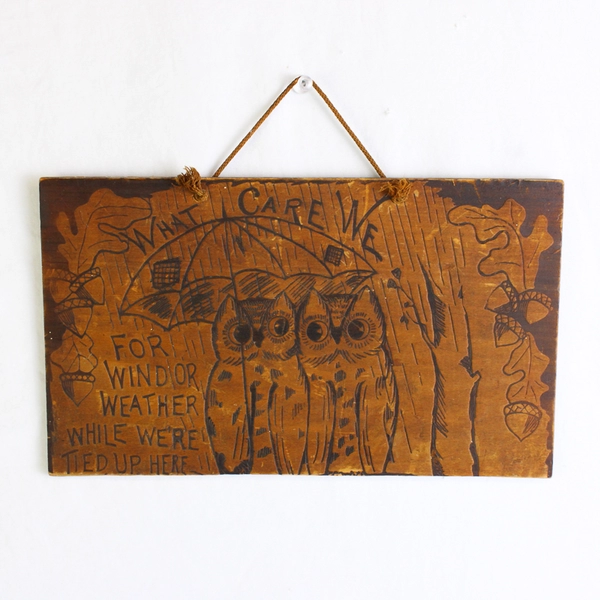 Vintage Pyrography Engraved Wood Cute Owl Wall Plaque 5 1/2" x 9 3/4"