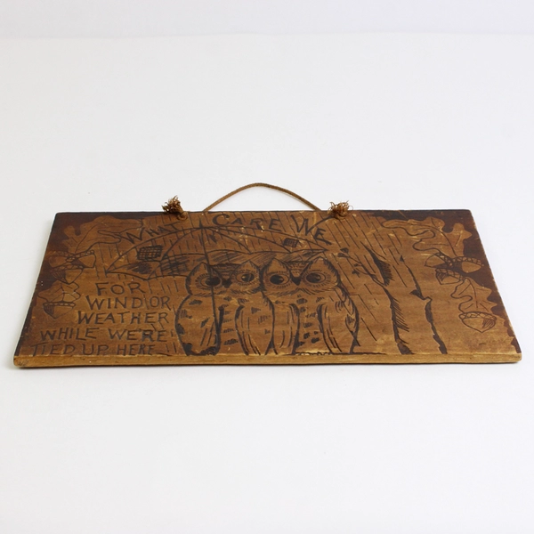 Vintage Pyrography Engraved Wood Cute Owl Wall Plaque 5 1/2" x 9 3/4"