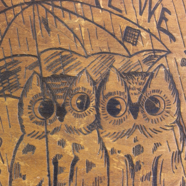 Vintage Pyrography Engraved Wood Cute Owl Wall Plaque 5 1/2" x 9 3/4"