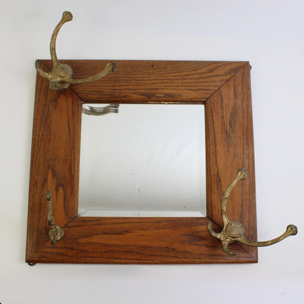 Vintage Oak Beveled Mirror with Coat and Hat Hooks 24.5" x 24.5"