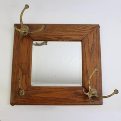 Vintage Oak Beveled Mirror with Coat and Hat Hooks 24.5" x 24.5"