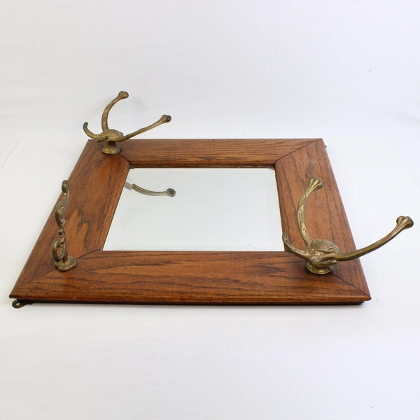 Vintage Oak Beveled Mirror with Coat and Hat Hooks 24.5" x 24.5"