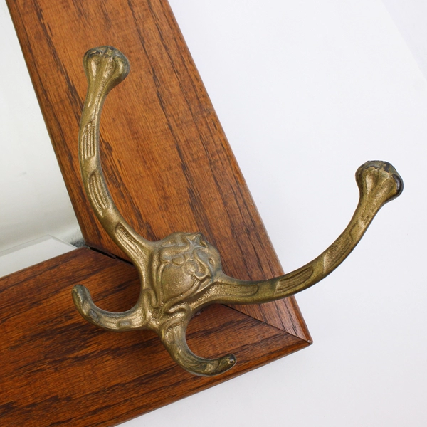 Vintage Oak Beveled Mirror with Coat and Hat Hooks 24.5" x 24.5"