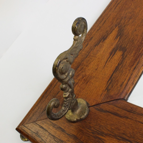 Vintage Oak Beveled Mirror with Coat and Hat Hooks 24.5" x 24.5"