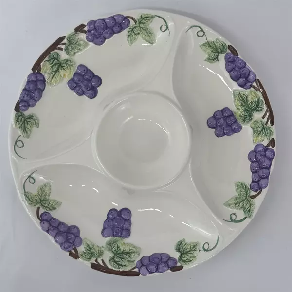 White Ceramic Purple Grape Cluster Chip Dip Veggie Tray 13 Inch
