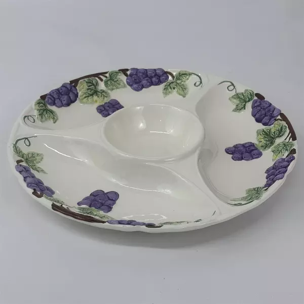 White Ceramic Purple Grape Cluster Chip Dip Veggie Tray 13 Inch