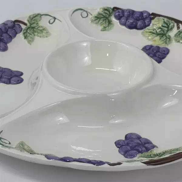 White Ceramic Purple Grape Cluster Chip Dip Veggie Tray 13 Inch