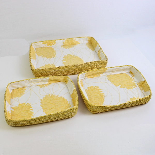 Lot of 3 Wicker Rattan Bread Baskets with Patterned Fabric Lining 