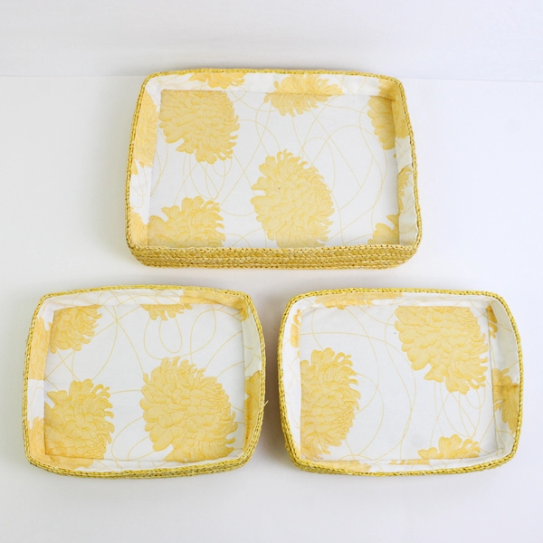 Lot of 3 Wicker Rattan Bread Baskets with Patterned Fabric Lining 