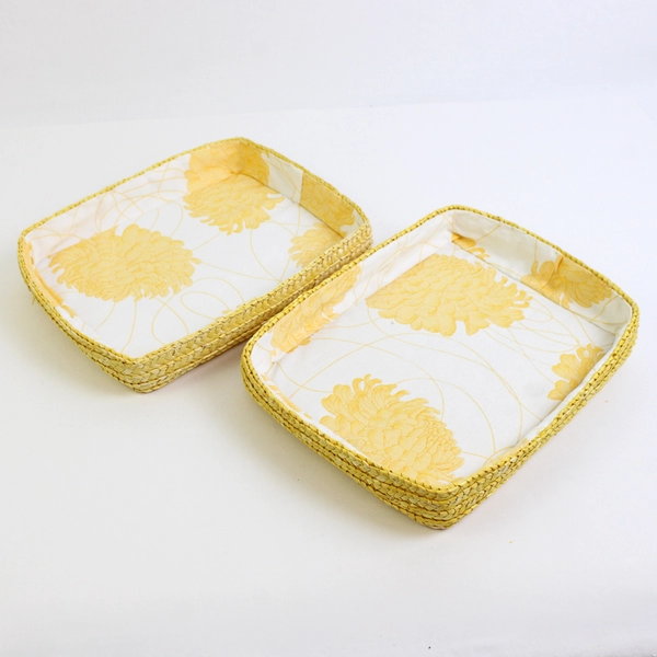 Lot of 3 Wicker Rattan Bread Baskets with Patterned Fabric Lining 