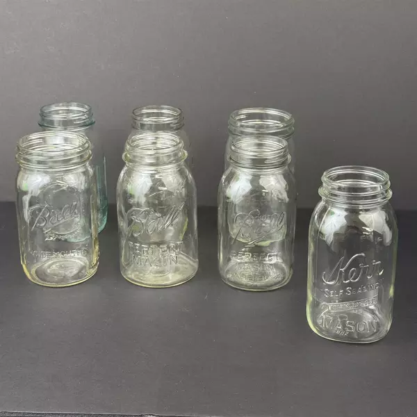 Lot of 7 Clear Glass Quart Canning Jars 6 Ball And 1 Kerr No Lids