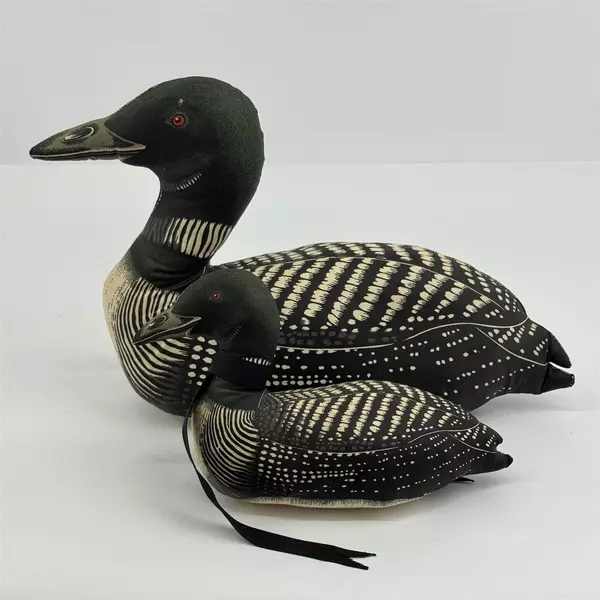 Set of 2 Vintage Loon Stuffed Fabric Duck Plushes White Black