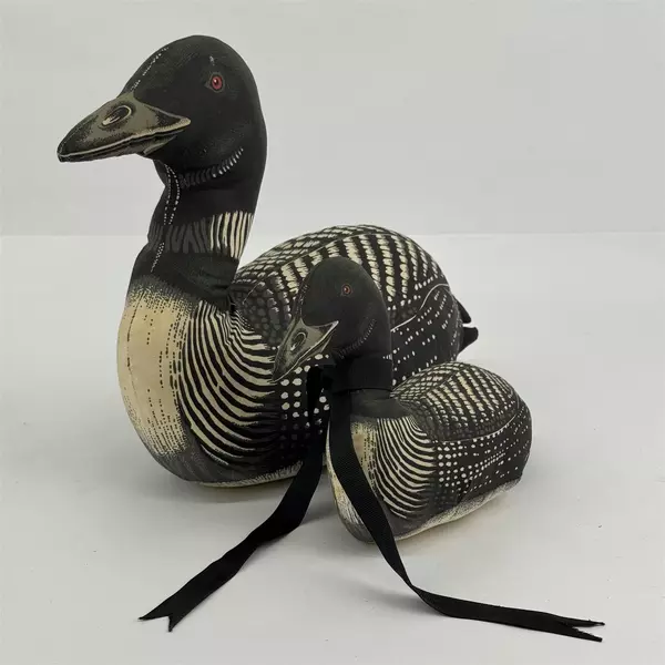 Set of 2 Vintage Loon Stuffed Fabric Duck Plushes White Black