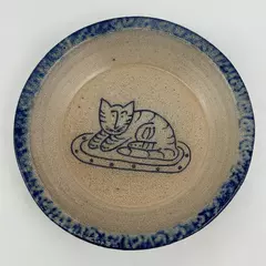 1992 Eldreth Pottery 8" Salt Glazed Cat Decorated Pie Plate Signed