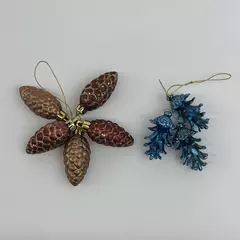 Lot of 8 Glass Pine Cones Ornaments 3.25” Brown and Blue Iridescent Glitter 