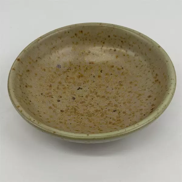 Tan Art Pottery Bowl With Gold Speckles 6.75 Inch Diameter Signed