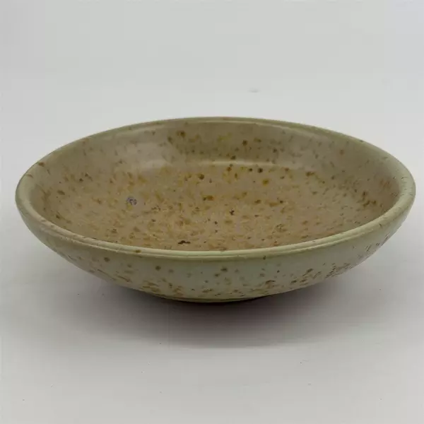 Tan Art Pottery Bowl With Gold Speckles 6.75 Inch Diameter Signed