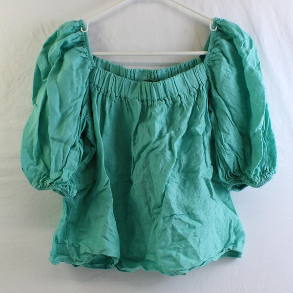 Meo Meli Seafoam Green Square Neck Cropped Linen Peasant Top Women's Size Medium