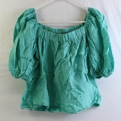Meo Meli Seafoam Green Square Neck Cropped Linen Peasant Top Women's Size Medium