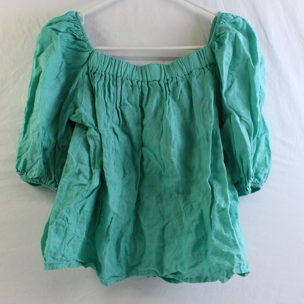 Meo Meli Seafoam Green Square Neck Cropped Linen Peasant Top Women's Size Medium