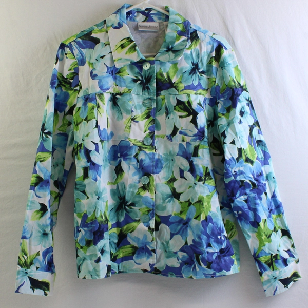 Draper's & Damon's Blue and Green Floral Button-Up Women's Size Large