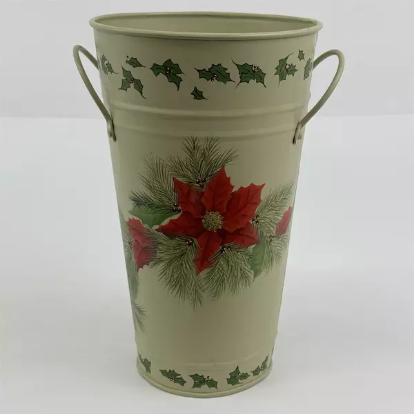 Galvanized Metal Christmas Umbrella Stand Freestanding Poinsettias And Holly