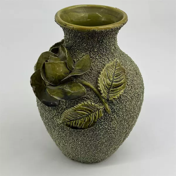 Vintage W&Co. Olive Green Textured Vase With Applied Rose