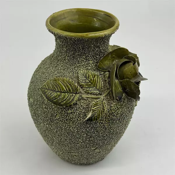 Vintage W&Co. Olive Green Textured Vase With Applied Rose