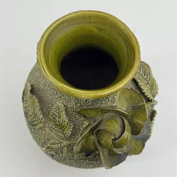 Vintage W&Co. Olive Green Textured Vase With Applied Rose