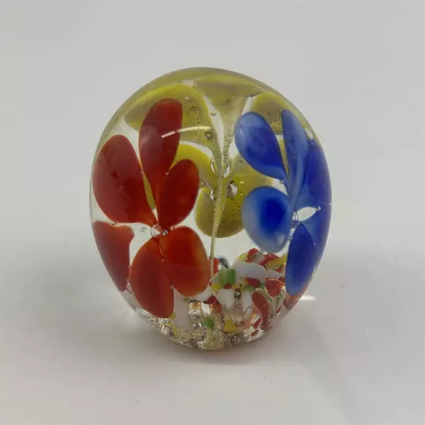 Small Blown Art Glass Paperweight With Red Yellow And Blue Flowers