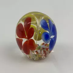 Small Blown Art Glass Paperweight With Red Yellow And Blue Flowers