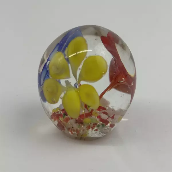 Small Blown Art Glass Paperweight With Red Yellow And Blue Flowers