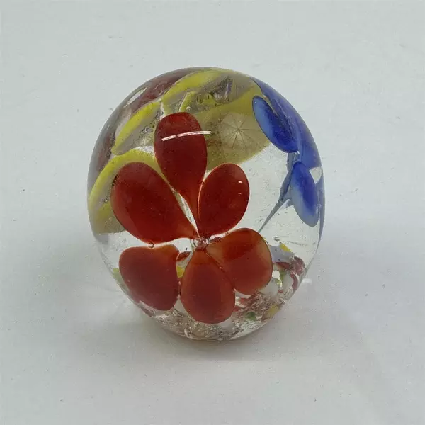 Small Blown Art Glass Paperweight With Red Yellow And Blue Flowers