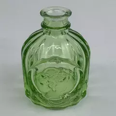 Vtg Mini Light Green Colored Glass Round Apothecary Bottle Embossed Woman's Head