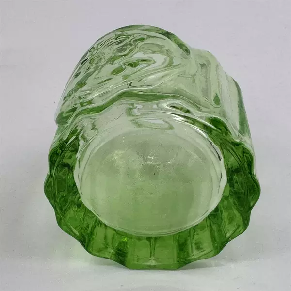 Vtg Mini Light Green Colored Glass Round Apothecary Bottle Embossed Woman's Head