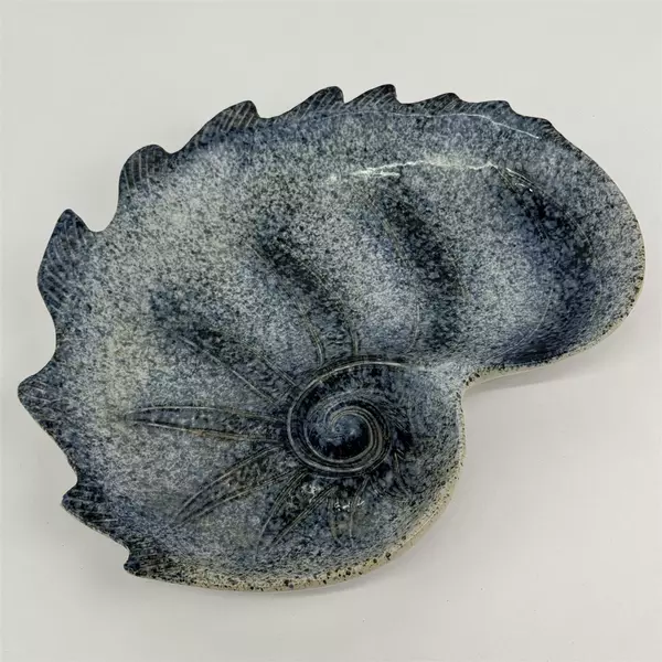 Ceramic Sea Shell Shaped Appetizer Server Bowl Blue Speckles 12.25 Inch