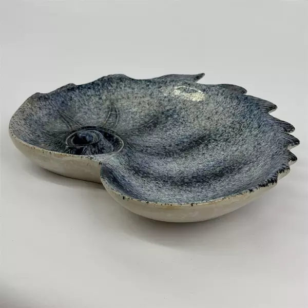 Ceramic Sea Shell Shaped Appetizer Server Bowl Blue Speckles 12.25 Inch