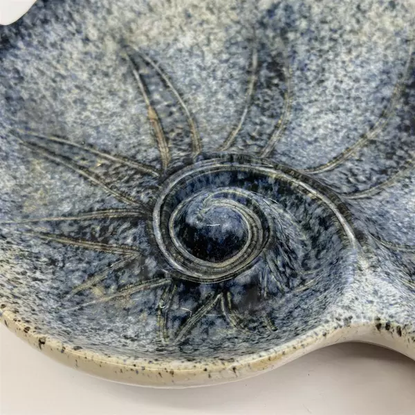 Ceramic Sea Shell Shaped Appetizer Server Bowl Blue Speckles 12.25 Inch