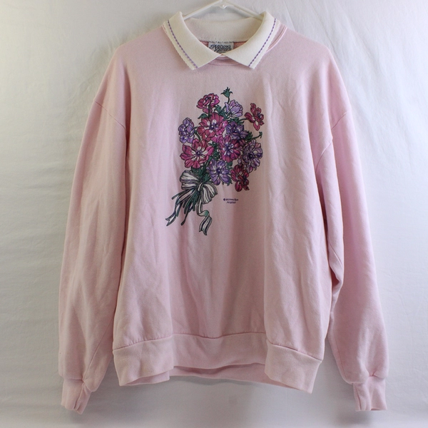 VTG Nature's Garden by Morning Sun Pink Floral Sweater Women's XL FLAWED