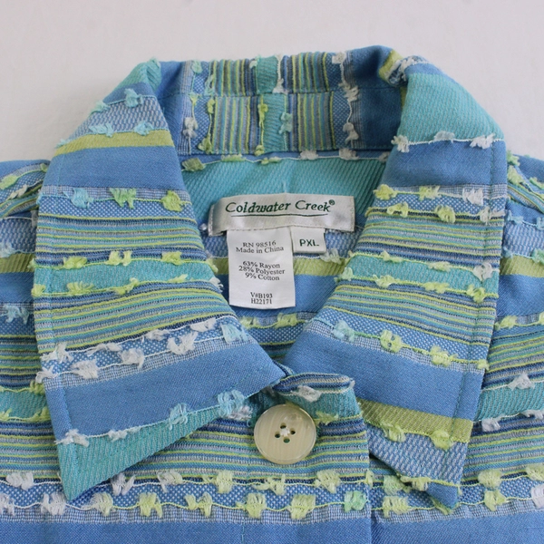 Coldwater Creek Embroidered Blue & Green Striped Jacket Women's PXL FLAW
