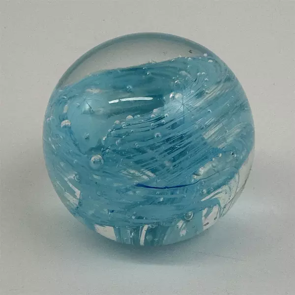 Handcrafted Art Glass Paperweight Blue Swirl W/ Controlled Bubbles 2 Inch