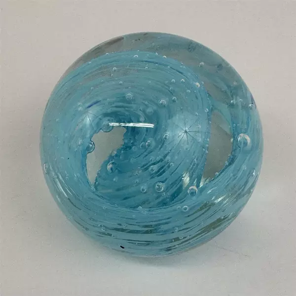 Handcrafted Art Glass Paperweight Blue Swirl W/ Controlled Bubbles 2 Inch