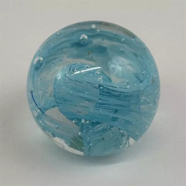 Handcrafted Art Glass Paperweight Blue Swirl W/ Controlled Bubbles 2 Inch