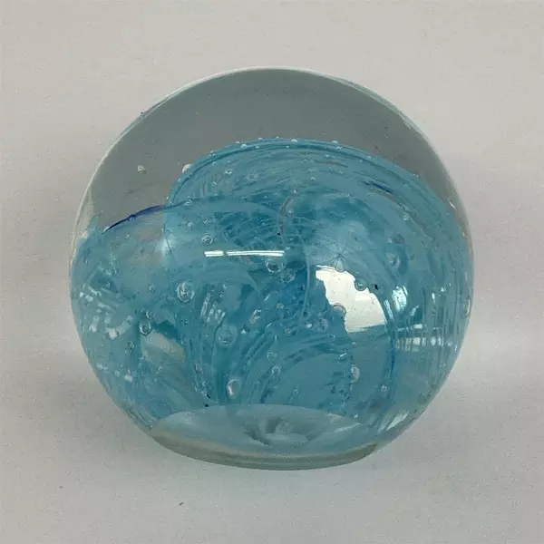 Handcrafted Art Glass Paperweight Blue Swirl W/ Controlled Bubbles 2 Inch