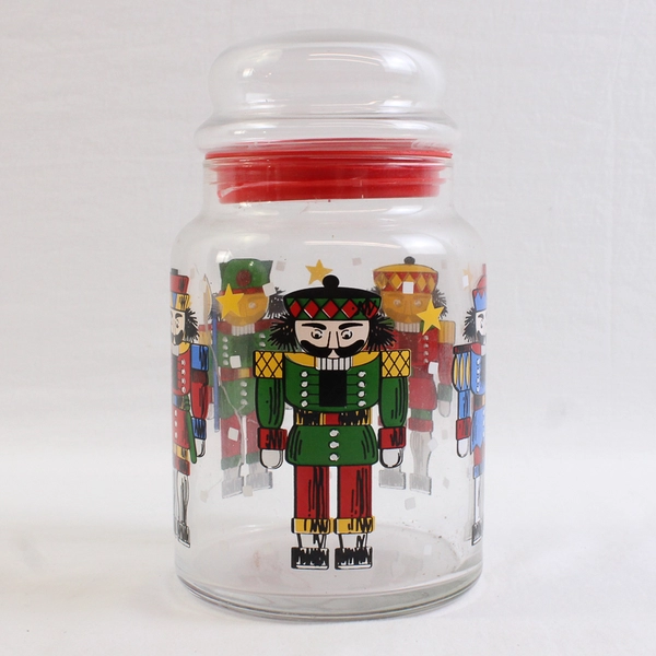 Unbranded Clear Glass Canister Jar With Nutcracker Print Christmas 7" Tall