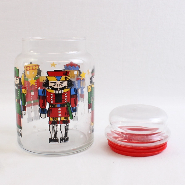 Unbranded Clear Glass Canister Jar With Nutcracker Print Christmas 7" Tall