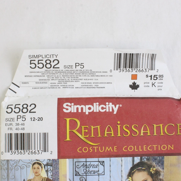 Simplicity Andrea Schewe 5582 Renaissance Costume Collection Womens Sz P5 12-20