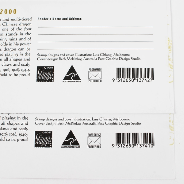 2000 Christmas Island Australia Year of the Dragon Stamp FDC/FDI Mini Sheet Set