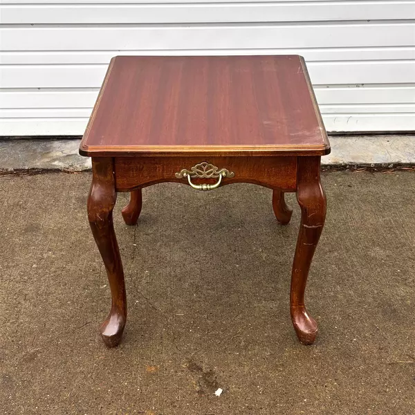 Dark Wood Queen Anne Style End Table with Golden Faux Drawer Handle