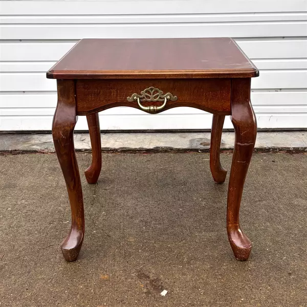 Dark Wood Queen Anne Style End Table with Golden Faux Drawer Handle